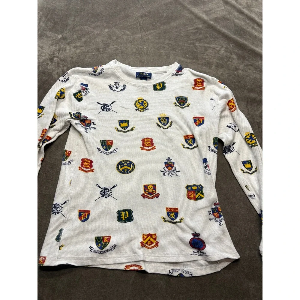 Polo Ralph‎ Lauren White Crest All Over Print Thermal Long Sleeve Sleep Shirt M